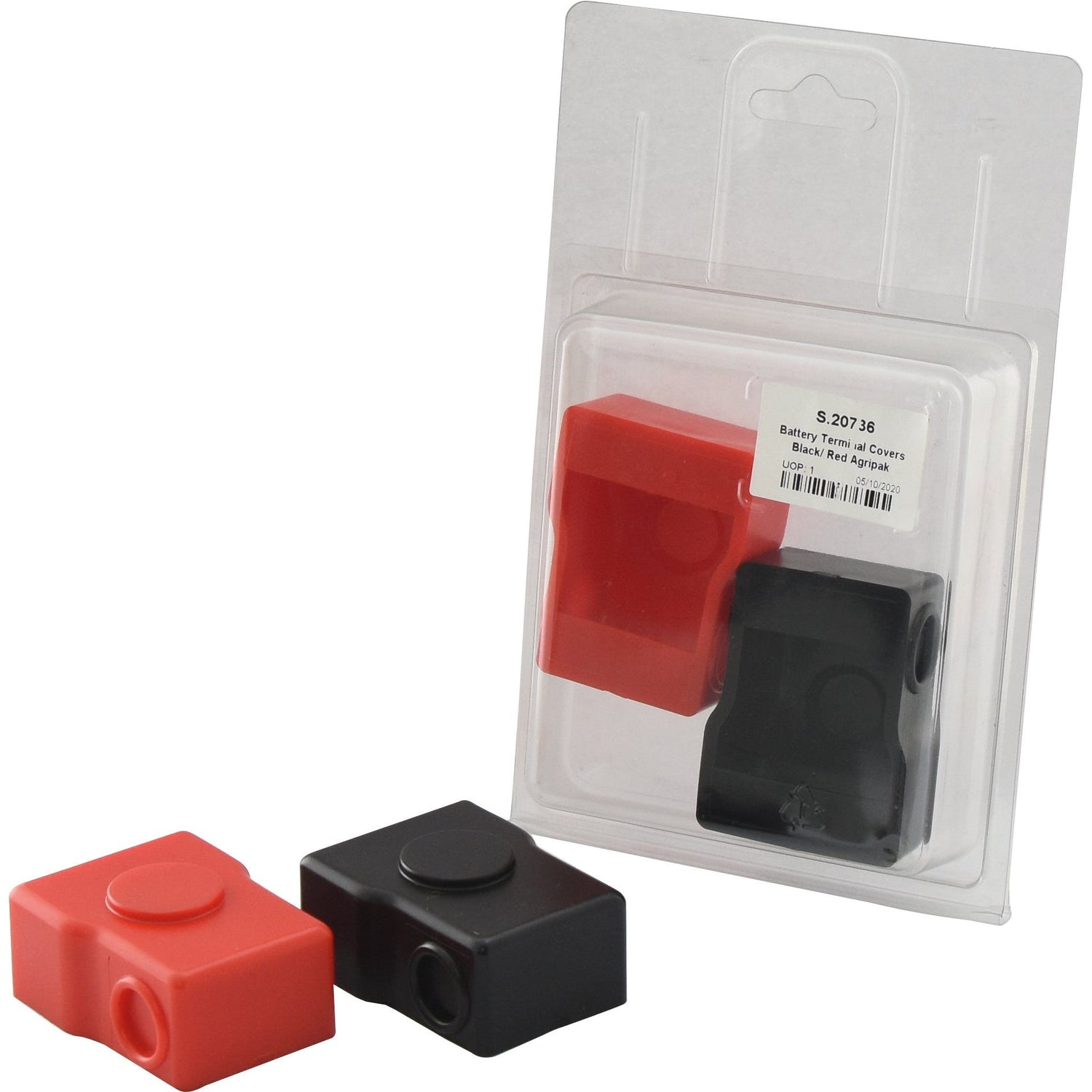 Sparex's Battery Terminal Cover - Red and Black (Agripak 2 pcs.) | Sparex Part No.S.20736, includes an additional PVC pair outside the packaging.