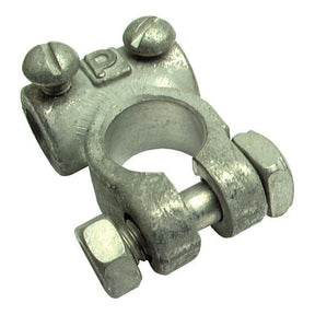 The Sparex Battery Terminal (Extra Heavy Duty) Positive, Sparex Part No. S.5293, is a robust silver metal clamp featuring two top screws and a side bolted connection, ideal for securely fastening any cable.