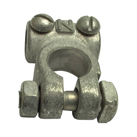 Close-up of a Sparex Battery Terminal (Heavy Duty) Negative, Part No. S.5861, featuring two screws and a nut for securing heavy-duty cables.