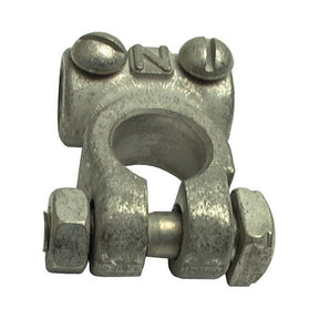 The Sparex heavy-duty Battery Terminal (Negative) with part number S.5861, equipped with two screws and a nut, is perfect for securing 12mm cables to battery posts in automotive applications.