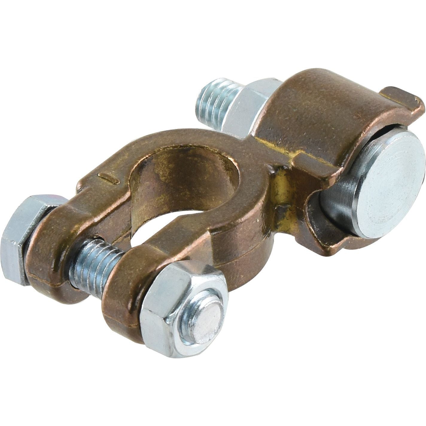 The Battery Terminal (Heavy Duty) Negative by Sparex, part number S.162382, is a robust bronze clamp featuring two 13mm hex bolts and nuts for cable securing, available from the Sparex Brand.
