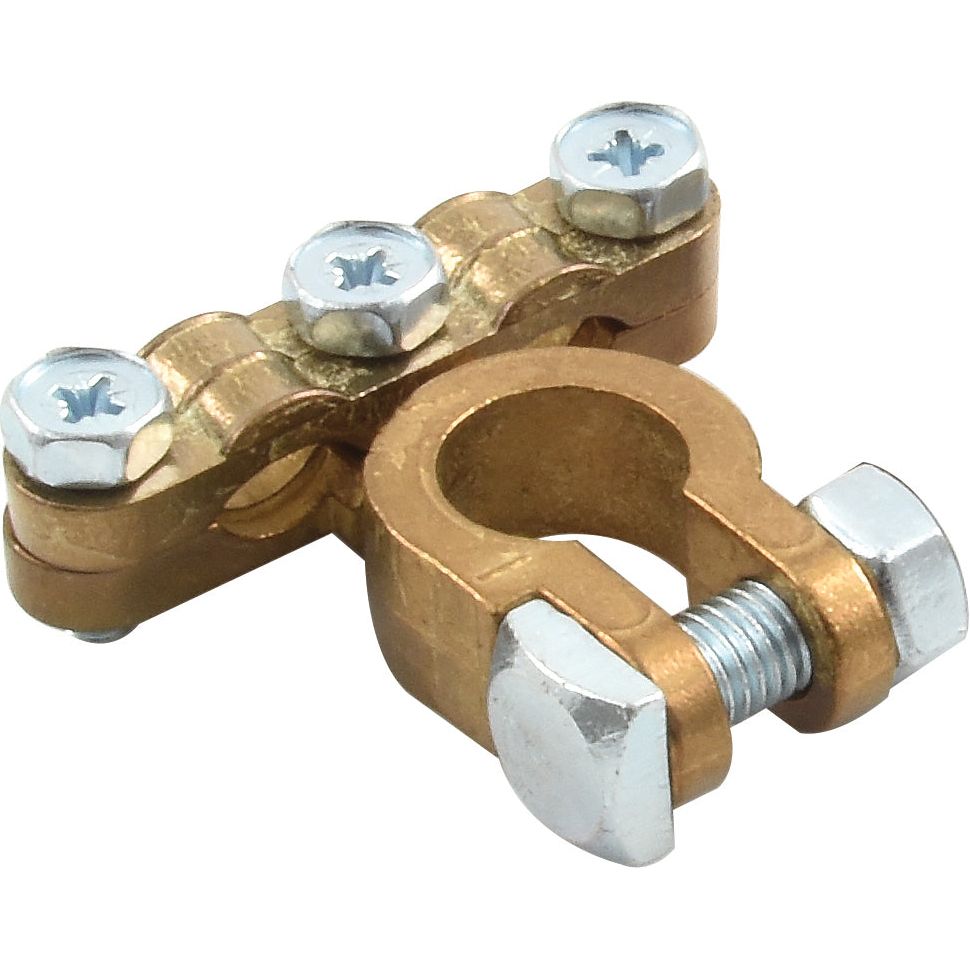 The Sparex Battery Terminal (Standard Duty) Negative (Part No. S.50043) is a brass connector featuring three screw slots and a clamping bolt, designed for securing negative electrical connections.