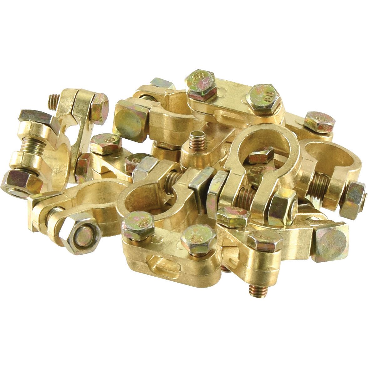 A pile of Sparex Battery Terminal (Standard Duty) Negative connectors, complete with bolts and nuts for secure connections, designed for negative terminals.