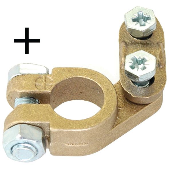 A Sparex Battery Terminal (Standard Duty) Positive, Part No. S.35878, made of brass with two bolts and nuts, is shown next to a black plus sign.