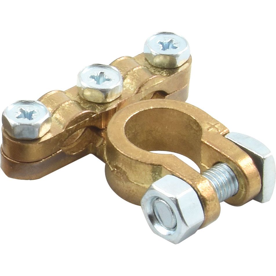 The Sparex Battery Terminal (Standard Duty) Positive, Part No. S.50042, features a brass clamp design with three crosshead screws and a large bolt, making it ideal for standard-duty applications.