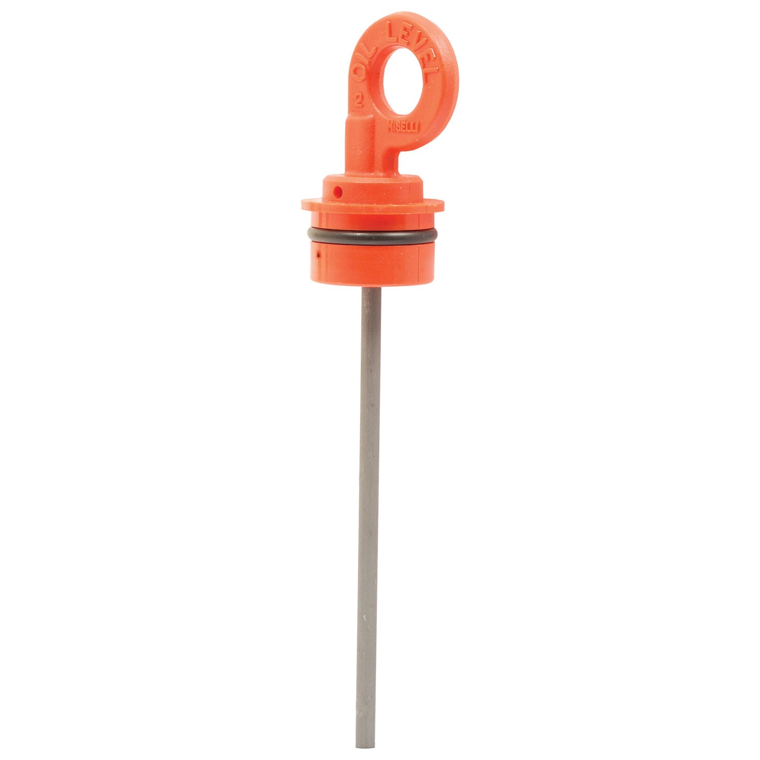 The Oil Level Rod x 130mm, designed to fit as 5060605009 and available under Sparex Part No.S.101887, features an orange circular handle and a metal shaft, making it perfect for ensuring accurate readings in Battioni vacuum pumps such as the MEC5000.