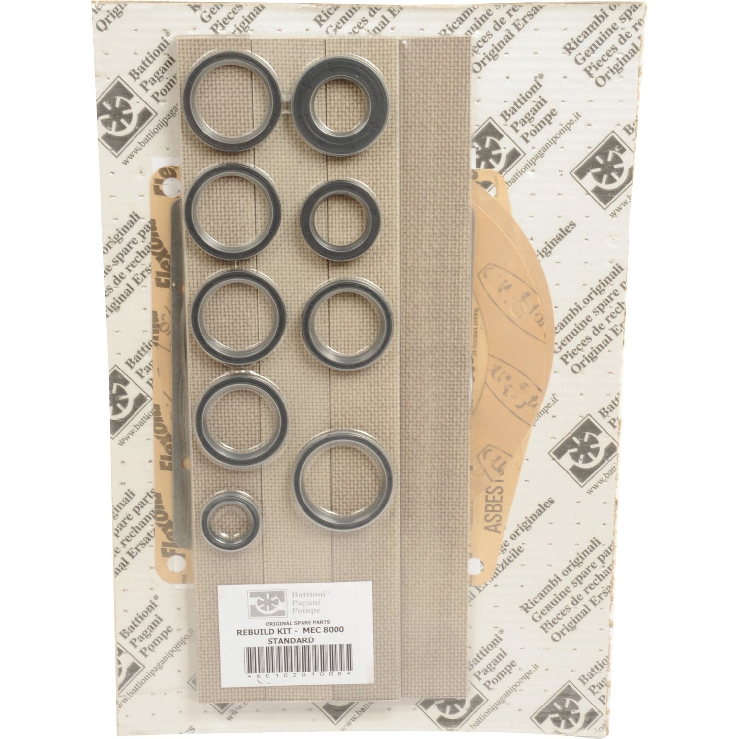 The Sparex Standard Rebuild Kit (Sparex Part No. S.101966), designed to fit as 6010201008, contains various O-rings and gaskets. It is displayed on a patterned background and is ideal for Battioni vacuum pumps.