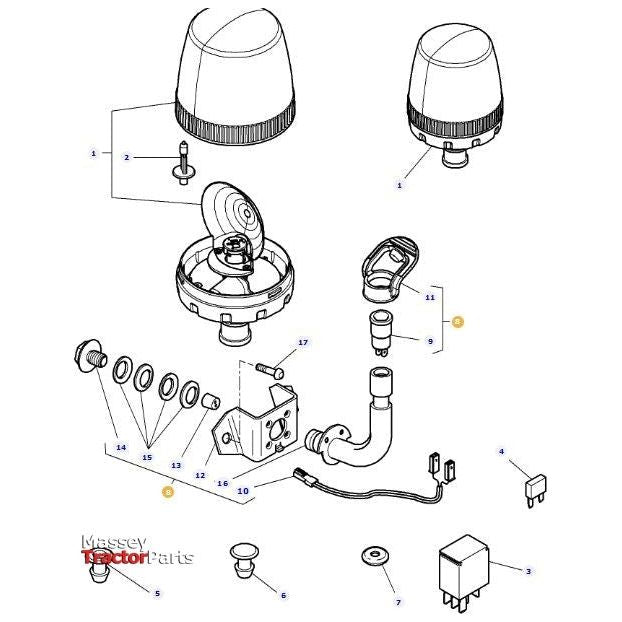 Diagram showing an exploded view of various tractor parts for Massey Ferguson models, including components like a light assembly, washers, bolts, and electrical parts. Each part is numbered for identification. Featured product: Massey Ferguson - Beacon Bracket (Product Code: 4298224M94) by AGCO.