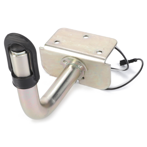 A metal trailer hitch receiver with a curved hook and an attached electronic connector cable, designed for seamless compatibility with Massey Ferguson tractors, is featured in the AGCO's product lineup as the Massey Ferguson - Beacon Bracket - 4353742M93.