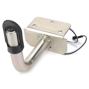 A metal trailer hitch receiver with a curved hook and an attached electronic connector cable, designed for seamless compatibility with Massey Ferguson tractors, is featured in the AGCO's product lineup as the Massey Ferguson - Beacon Bracket - 4353742M93.