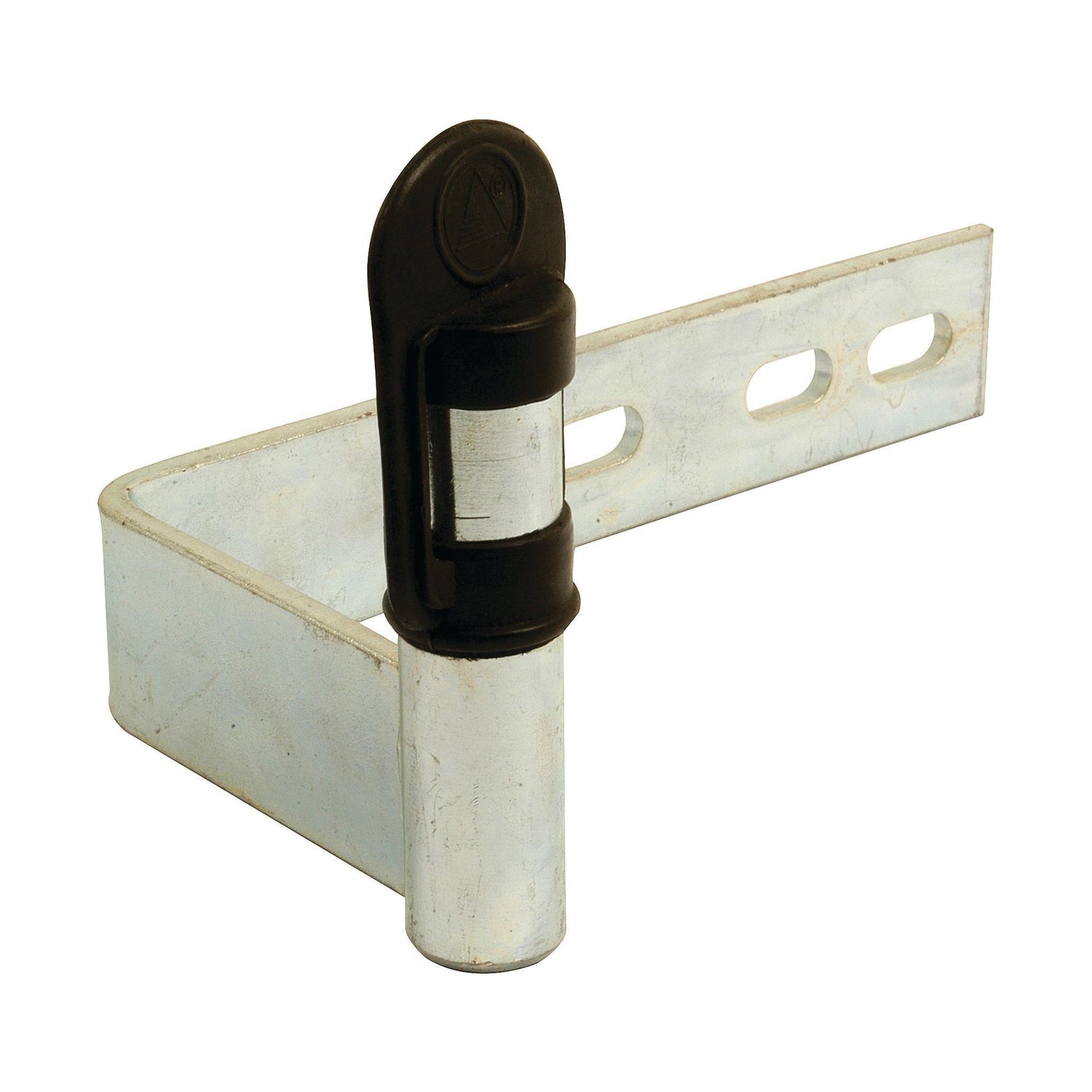 Image of the Beacon Bracket (LH) - S.42827 by Sparex, showcasing a metallic hinge bracket with a black pivot joint and featuring a sturdy LH Pin for added stability.