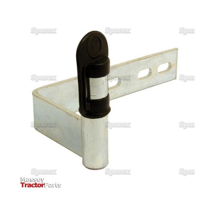 A Beacon Bracket (LH) - S.42827 from Sparex, featuring a black latch mechanism, is displayed against a white background. The bracket includes three elongated holes for mounting. Text in the corner reads "Massey Tractor Parts," with the Sparex logo prominently featured.