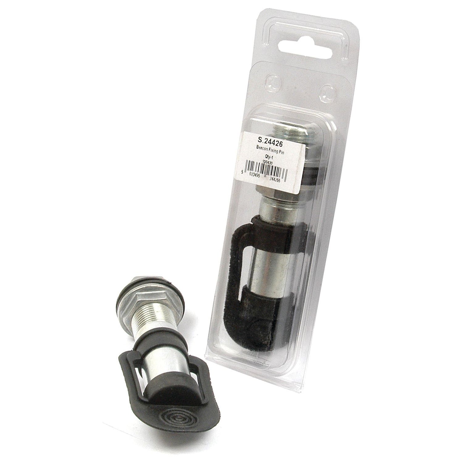 A Beacon Fixing Pin (Screw Type) with a black rubber component is positioned next to a packaged identical pin, labeled "Sparex Part No. S.24426," in an Agripak.