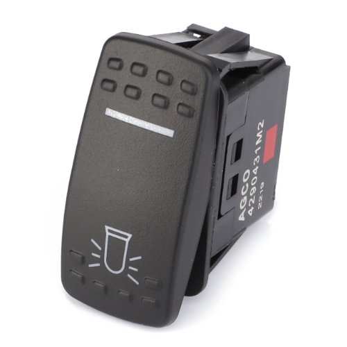 The AGCO Massey Ferguson - Beacon Switch - 4290431M2 is a black rectangular rocker switch featuring a light bulb icon and surrounding dashes, with a silver horizontal line at the top and a code label on the side. Designed for compatibility with Massey Ferguson 5400 Series (5410-5480) tractors, this switch is an essential addition to your Massey Ferguson parts collection.