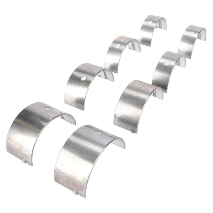 Eight metal bearing shells arranged in two staggered rows on a white background, reminiscent of essential AGCO parts from the Massey Ferguson 100 Series Bearing Kit Main (746156M91).