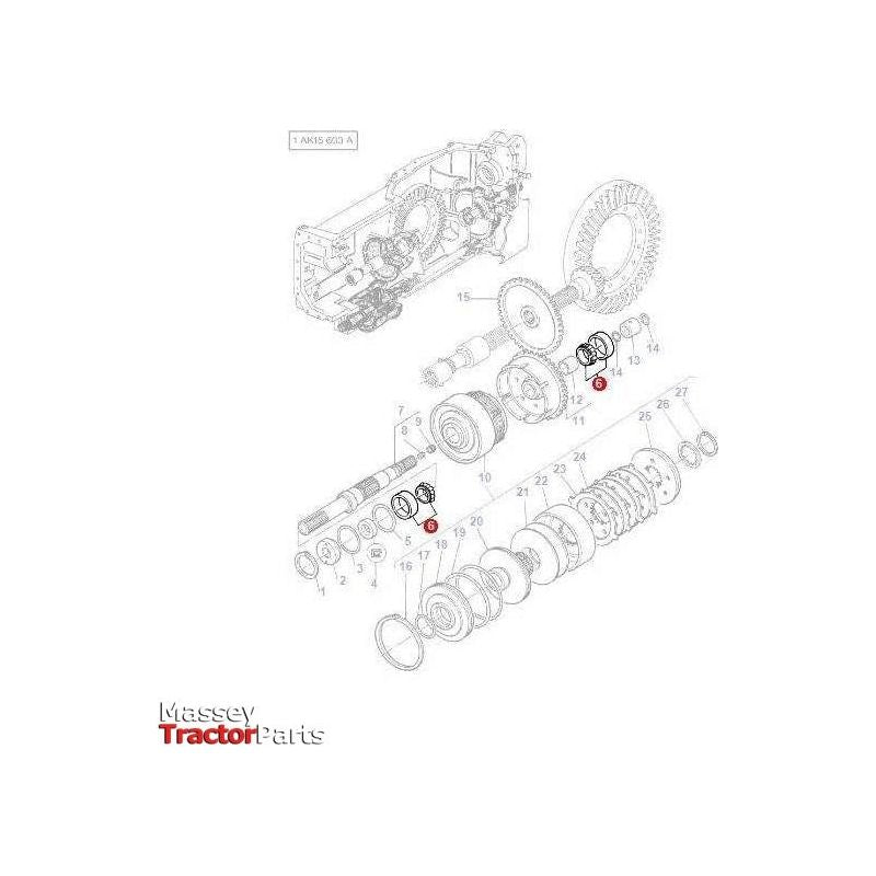 Diagram showing the layout and components of a Massey Ferguson 3000 Series tractor transmission system, with the Massey Ferguson - Bearing - 339481X1 by AGCO and some other tractor parts highlighted in red circles.