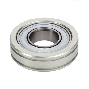 The AGCO Massey Ferguson Bearing Power Flow Band (D41715600) is a cylindrical metal ball bearing featuring inner and outer rings, commonly used in the Massey Ferguson Combine 7200 Series machinery to minimize friction in rotating components.