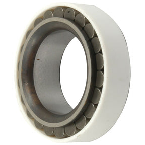 The Sparex S.7772 Bearing, featuring a cylindrical roller design with an inner metal ring and an outer white casing, is crucial for the efficient operation of equipment such as the Deutz-Fahr AGROTRON.