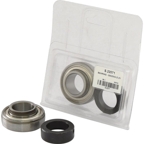 A collection of metal bearings and parts arranged on a white background, featuring several items housed in a clear plastic package labeled "S.22071" and "Bearing Series SA205G⌀25mm Agripak." Among them is a metric bearing from the Sparex brand, ensuring precision and reliability for your machinery needs.