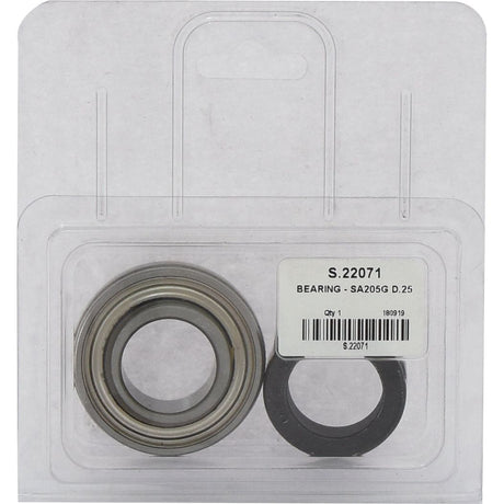 A packaged bearing set labeled "Bearing Series SA205G⌀25mm Agripak - S.22071" from Sparex, featuring a metric bearing and accompanying part, displayed on a white background.