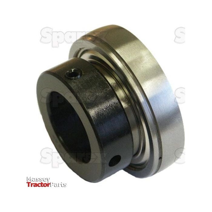 Close-up of the Bearing Series SA207G⌀35mm Agripak - S.22073, a black and silver spherical plain bearing with a mounting hole. The names "Sparex" and "Massey TractorParts" are visible in the background. This 35mm x 72mm bearing is ideal for various applications.