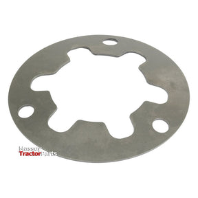 A circular metal washer, identified as the "Belleville Spring Plate" (Sparex Part No.S.57322), with three equidistant holes designed for mechanical applications, displayed against a plain white background. The bottom left corner includes the "Massey Tractor Parts" logo, subtly acknowledging Sparex products.