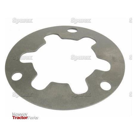 A Belleville Spring Plate (Sparex Part No. S.57322) with six inner notches and four round holes, labeled "Massey Tractor Parts" and "Sparex," suitable for Case IH equipment.