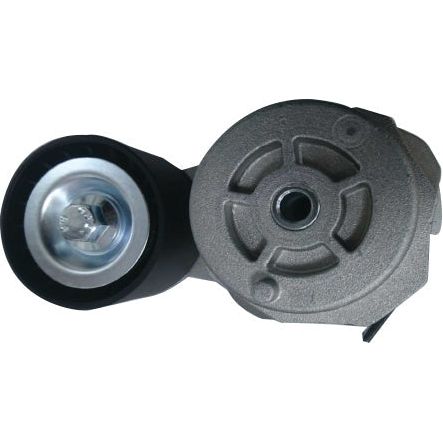 Image of a Sparex Belt Tensioner (Sparex Part No. S.140903) featuring a pulley and a cylindrical body housing a spring mechanism, compatible with John Deere and Claas equipment.