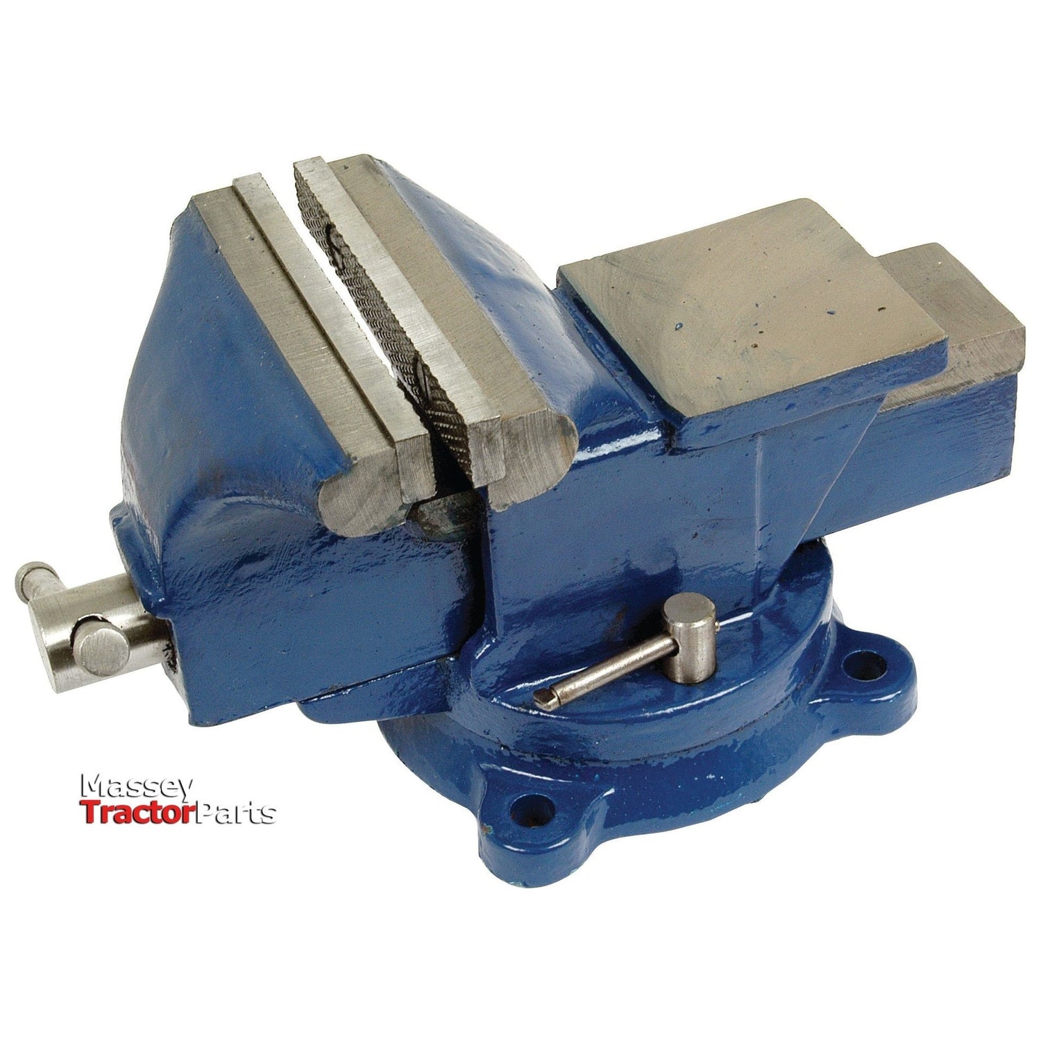 A blue metal bench vise with a rotating base, mounted on a table, used for holding objects securely in place. The Massey TractorParts logo is visible on this Sparex Swivel Bench Vice - 125mm / 5'' (Sparex Part No.S.20513).