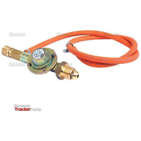 The Bird Scarer - Regulator and Hose (Sparex Part No.S.18817) from Sparex, featuring an attached orange hose, brass fittings, and a labeled control dial, is perfect for your bird scarer setup.