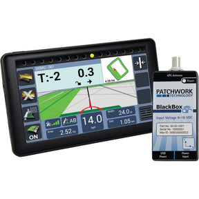 A 7-inch touchscreen GPS device displaying navigation data is shown next to the BlackBox Air+ GPS receiver by Sparex, which features terrain compensation and an input voltage range of 8-16 VDC.
