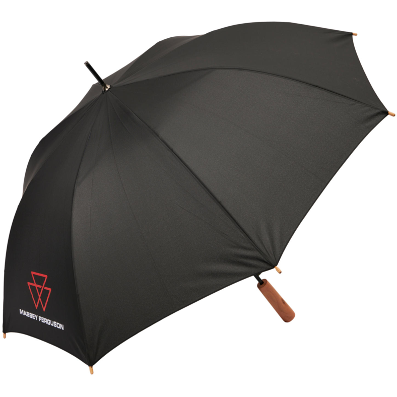 Product Name: Massey Ferguson - Black Umbrella - X993342210000
Brand Name: AGCO

This stylish black umbrella, named the Massey Ferguson - Black Umbrella (X993342210000), features a wooden handle and has "Massey Ferguson" with a red logo printed on one panel. The umbrella is designed by AGCO and includes windproof features to keep you protected in any weather.
