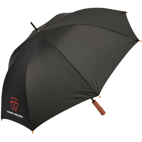 Product Name: Massey Ferguson - Black Umbrella - X993342210000
Brand Name: AGCO

This stylish black umbrella, named the Massey Ferguson - Black Umbrella (X993342210000), features a wooden handle and has "Massey Ferguson" with a red logo printed on one panel. The umbrella is designed by AGCO and includes windproof features to keep you protected in any weather.