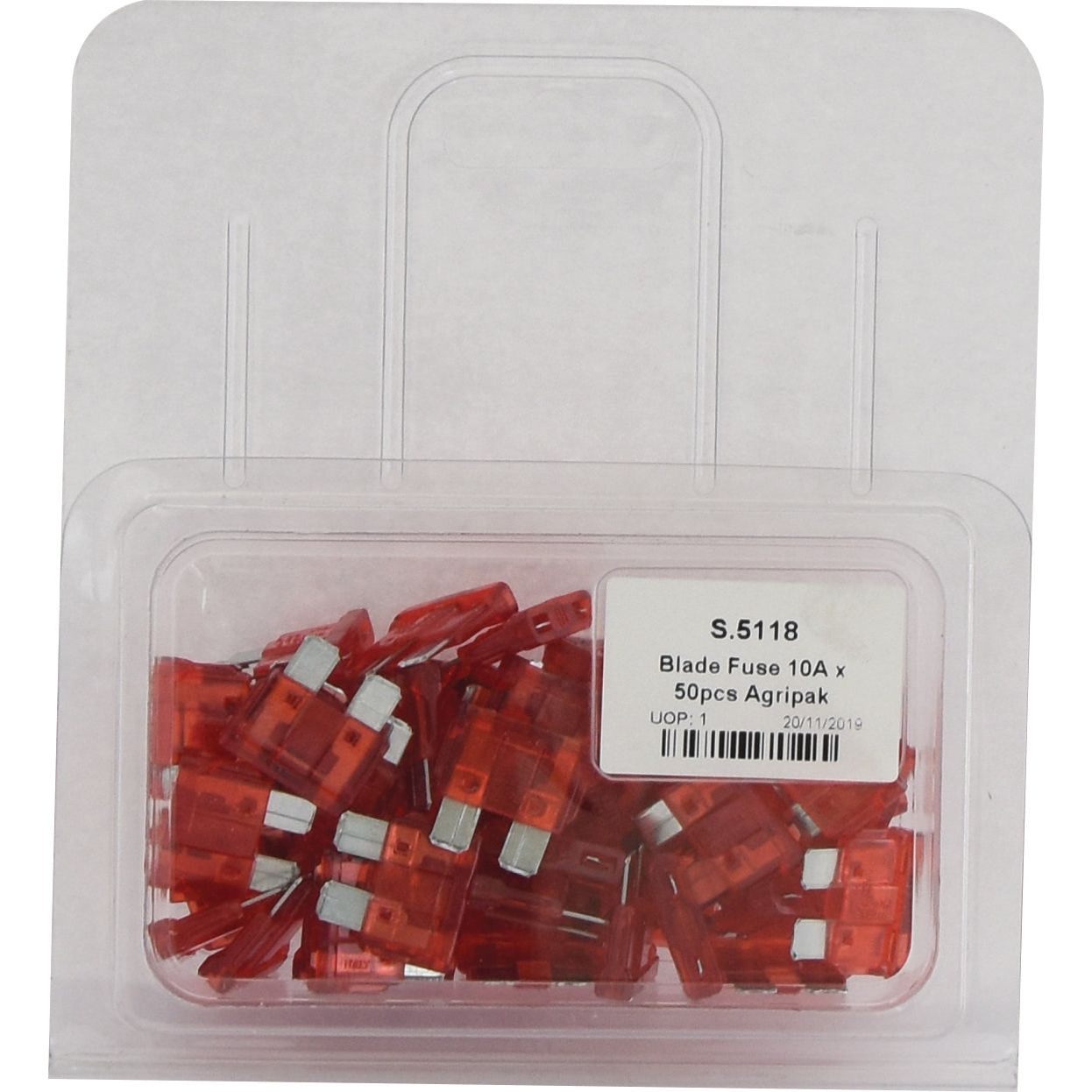 Package of 50 red 10A blade fuses in a clear plastic container with a label specifying "Blade Fuse 10A x 50pcs Agripak, Sparex Part No. S.5118.