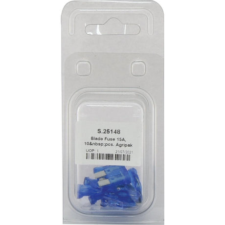 Pack of blue blade fuses with a 15A rating, containing 10 pieces in clear plastic packaging. Sparex Part No. S.25148 displayed on the label under the name "Blade Fuse 15A, 10 pcs. Agripak".