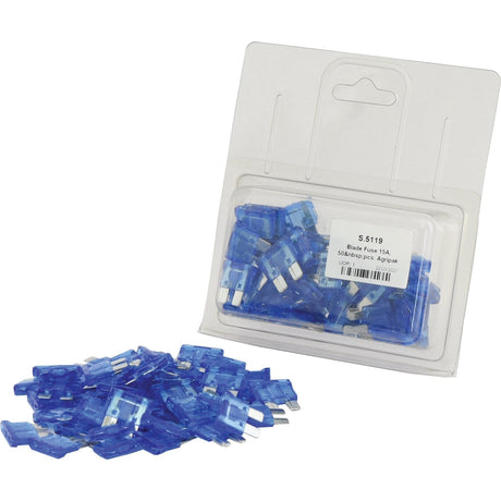 A package of Blade Fuse 15A, 50 pcs. Agripak (Sparex Part No.S.5119) from Sparex, with its contents scattered in front.
