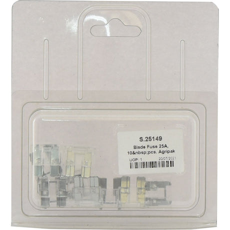 A white clear plastic package containing ten blade fuses. The label reads "Blade Fuse 25A, 10 pcs. Agripak | Sparex Part No.S.25149, UOP: 20/07/2021." The package has a hanging hole at the top.