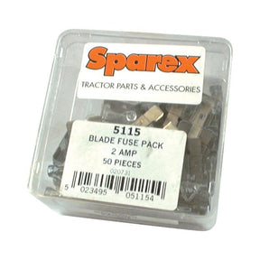A plastic container labeled "Blade Fuse 2.0A, 50 pcs. Agripak | Sparex Part No.S.5115" contains a 50-piece pack of 2.0A blade fuses from Sparex.