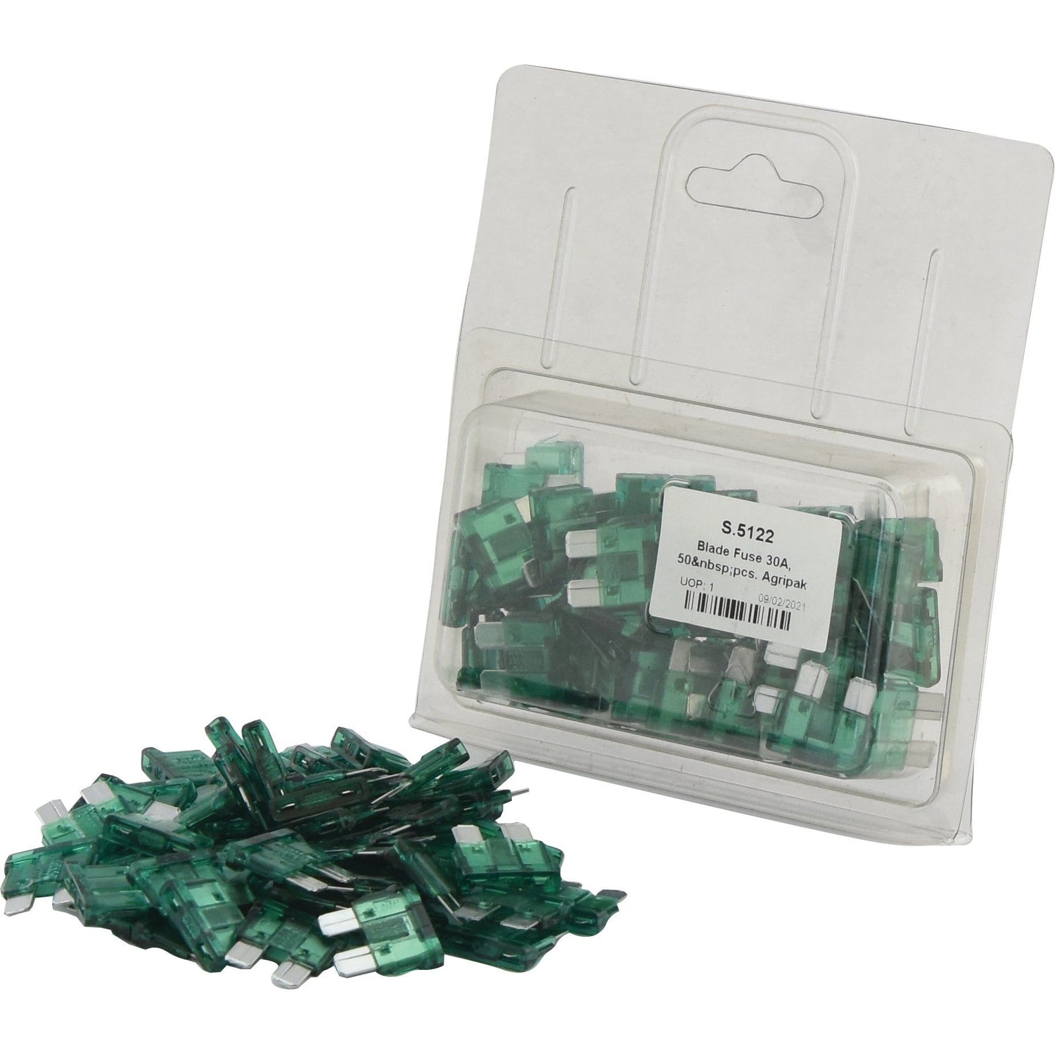 A blister pack of Sparex Blade Fuse 30A, 50 pcs. Agripak (Sparex Part No.S.5122) with several fuses spilled out in front of the pack.