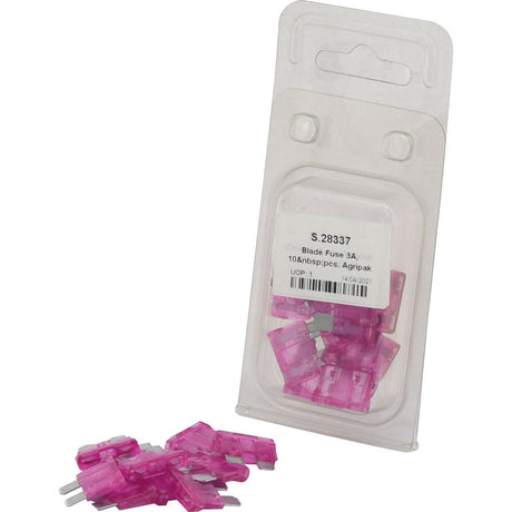 A clear plastic package containing Sparex Blade Fuse 3.0A, 10 pcs., labeled "Blade Fuse 3.0A" with several fuses displayed next to the package.
