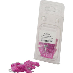 The image displays a package of Blade Fuse 3.0A, 10 pcs. Agripak from Sparex (Part No. S.28337), with several pink fuses placed outside the transparent packaging.