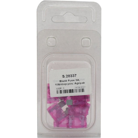 Package containing several pink blade fuses with a label that reads "Blade Fuse 3.0A, 10 pcs, Agripak | Sparex Part No.S.28337", ensuring reliable performance for your electrical needs.