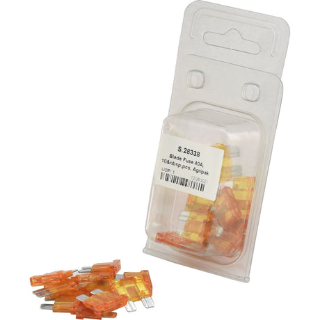 Clear plastic Sparex Agripak containing Blade Fuse 40A, 10 pcs. (Sparex Part No.S.28338), with several fuses scattered in front of the package.
