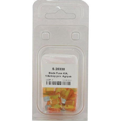 A package of 10 Sparex orange blade fuses, each rated at 40A. The packaging features a white label with product details and the code: Sparex Part No. S.28338.