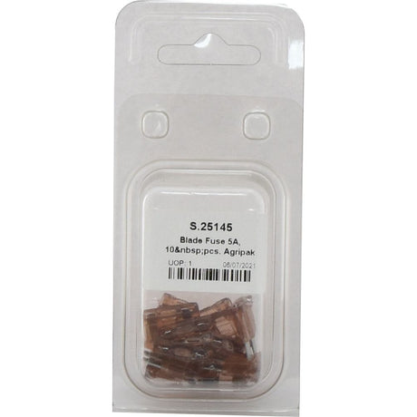 Package of Blade Fuse 5.0A, 10 pcs. Agripak (Sparex Part No.S.25145), in a clear plastic container with a light brown backing card, from the Sparex brand.