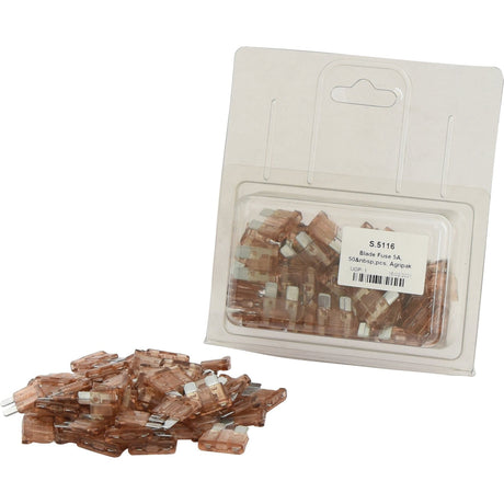 A plastic package labeled "Blade Fuse 5.0A, 50 pcs. Agripak | Sparex Part No.S.5116" by the brand Sparex contains multiple blade fuses, with a few scattered outside the package.