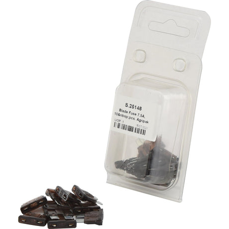 Pack of 7.5A Sparex blade fuses with some fuses removed from the packaging and placed in front of it. The dark brown package features a label with product details, listing it as Blade Fuse 7.5A, 10 pcs. Agripak | Sparex Part No.S.25146.
