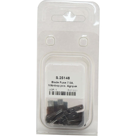 A package contains ten 7.5A blade fuses, labeled with 'Blade Fuse 7.5A, 10 pcs. Agripak | Sparex Part No.S.25146' by Sparex.