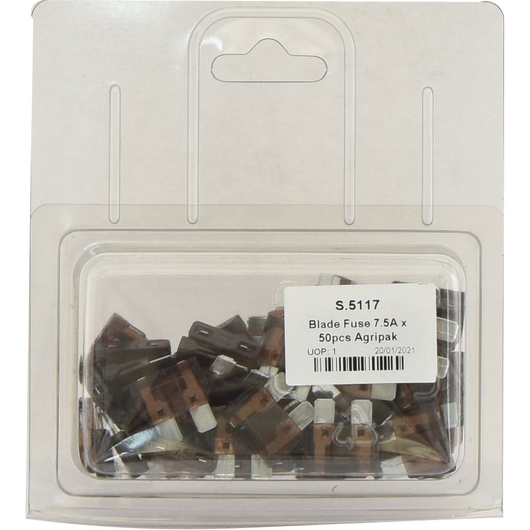 A clear plastic package contains 50 brown blade fuses, each rated at 7.5A. The label reads: "Sparex Blade Fuse 7.5A, 50 pcs. Agripak | Part No.S.5117".