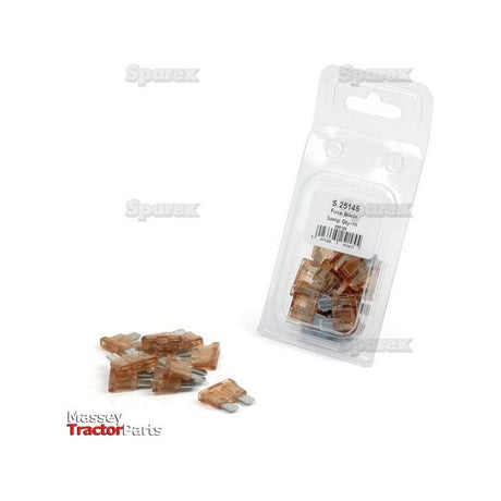 A package labeled as "Blade Fuse 5.0A, 10 pcs. Agripak | Sparex Part No.S.25145" and several loose fuses are displayed. The package is branded under Sparex and features a barcode along with the product number S.25145. The Massey Tractor Parts logo is visible in the bottom left corner. One fuse has a light brown color with a sleek blade design for easy installation.
